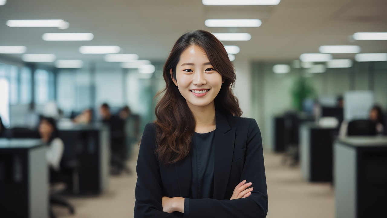 Happy, successful businesswoman smiling with office in the background