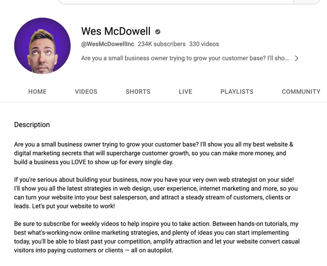 wes mcdowell youtube channel bio