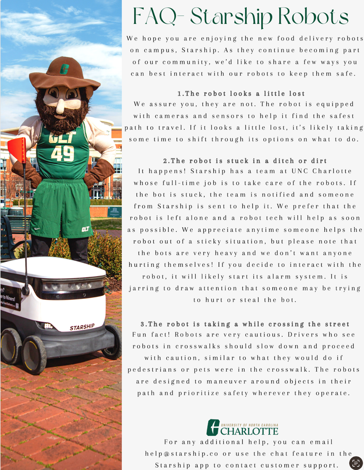 A FAQ put together by the university that explains why the robots sometimes have trouble crossing the street and features the UNC Charlotte mascot.