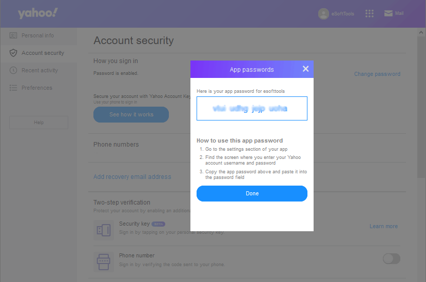 To Create App-Specific Password in Yahoo: Generate and Record Your App Password