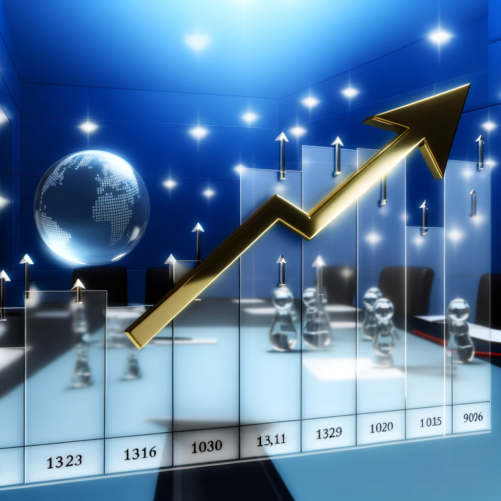 A global business chart showing growth with arrows pointing upwards.