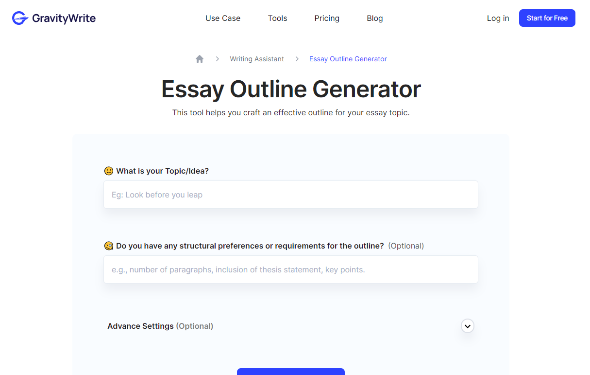 GravityWrite Essay Outline Generator