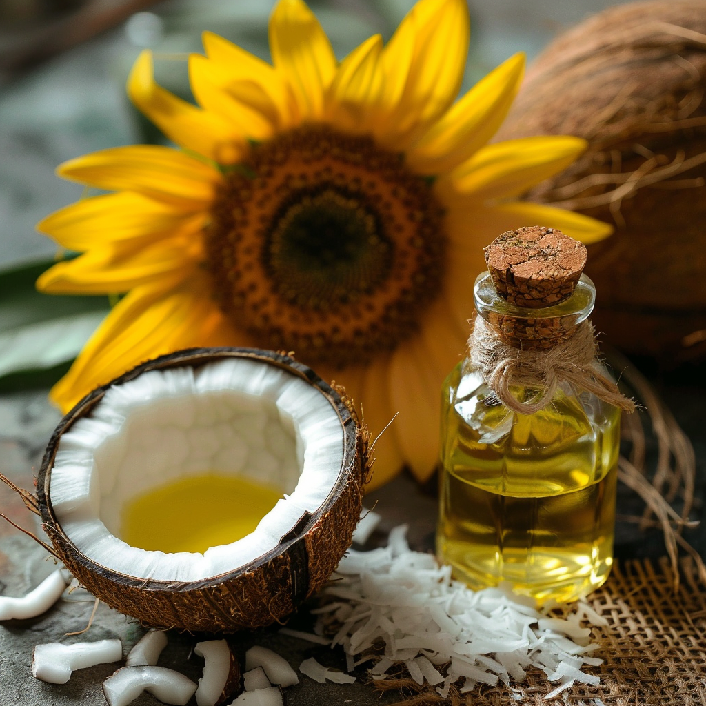 Half a coconut and a bottle of sunflower oil perfect for an ayruvedic massage for a pitta dosha