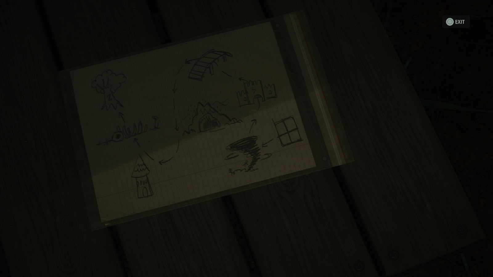 An in game screenshot of the cult stash drawing in the rental cabins area in Cauldron Lake from Alan Wake 2