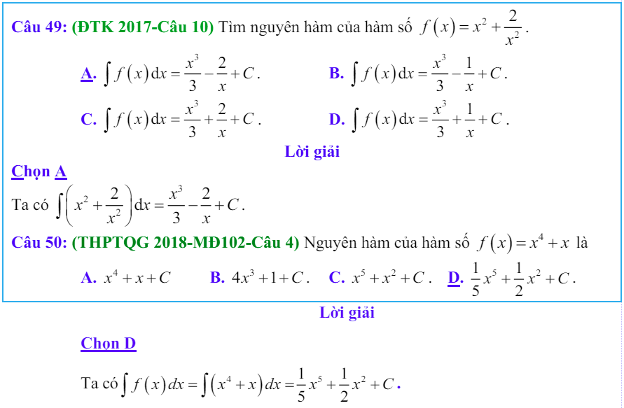 Công thức Nguyên hàm và bài tập từ đề thi có giải chi tiết