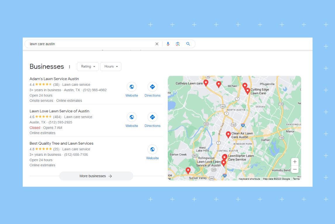 Image shows how the local map pack result for a lawn care business 