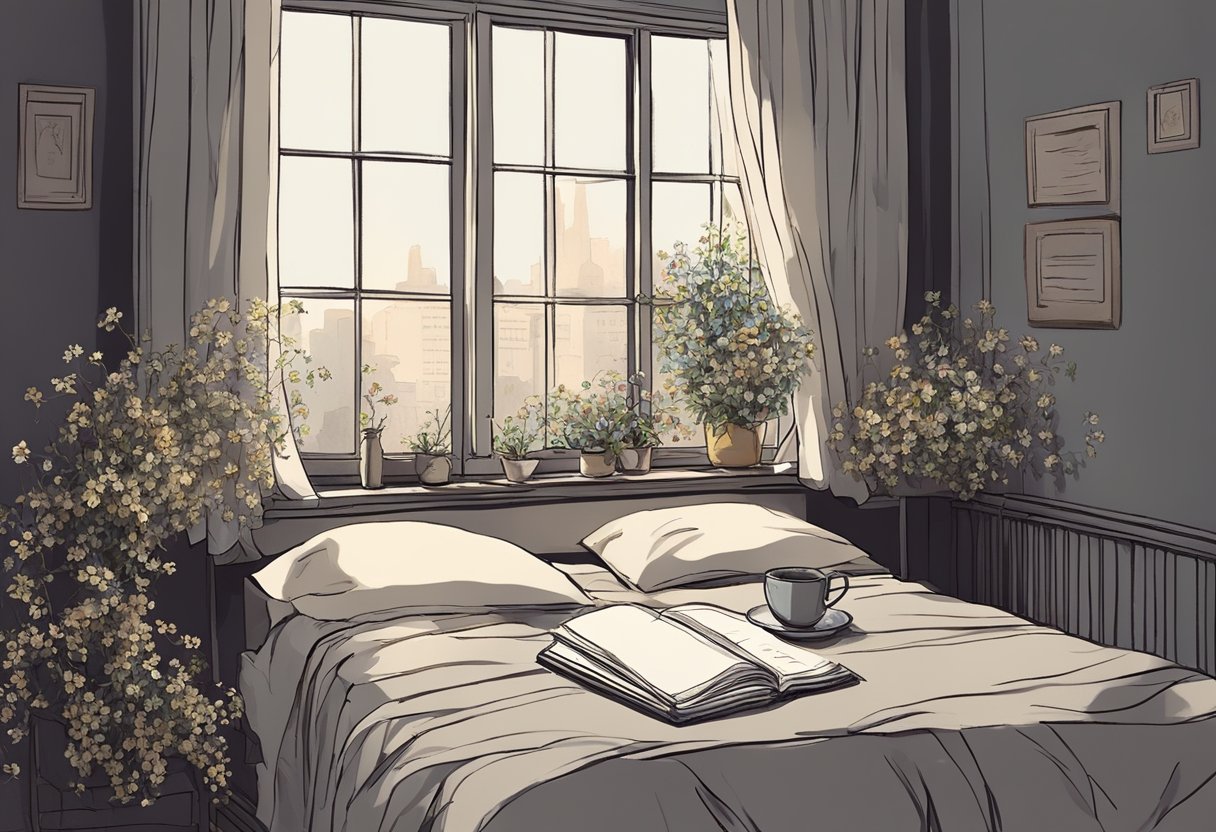 A dimly lit room with wilted flowers, a disheveled bed, and a neglected journal. The curtains are drawn, and the sunlight struggles to filter through