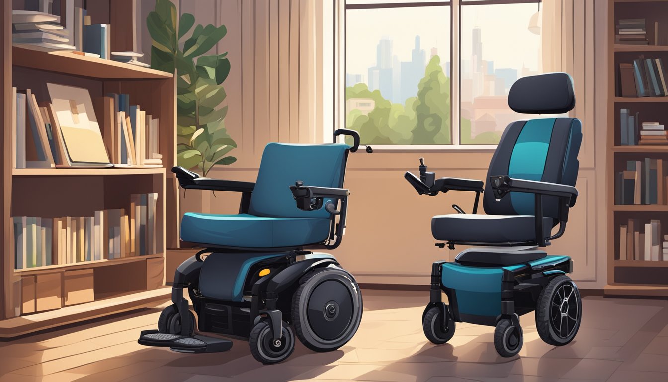 An electric wheelchair with adjustable armrests and a joystick controller sits next to a cozy reading nook with a floor lamp and a bookshelf filled with large-print books