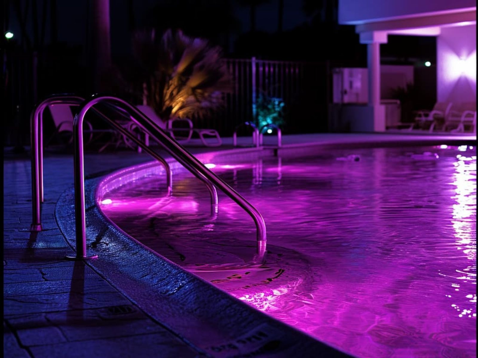 An outdoor pool area illuminated with purple lights