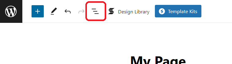 The top menu in the WordPress page editor, highlighting the icon for the list view to see a full outline of all of your blocks.