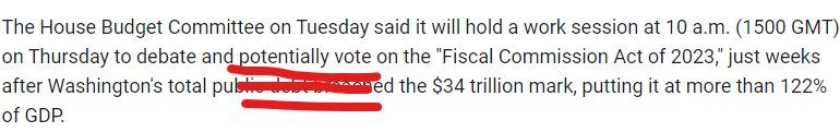 Screenshot of text "The House Budget Committee on Tuesday said it will hold a work session at 10 a.m. (1500 GMT) on Thursday to debate and potentially vote on the "Fiscal Commission Act of 2023,""