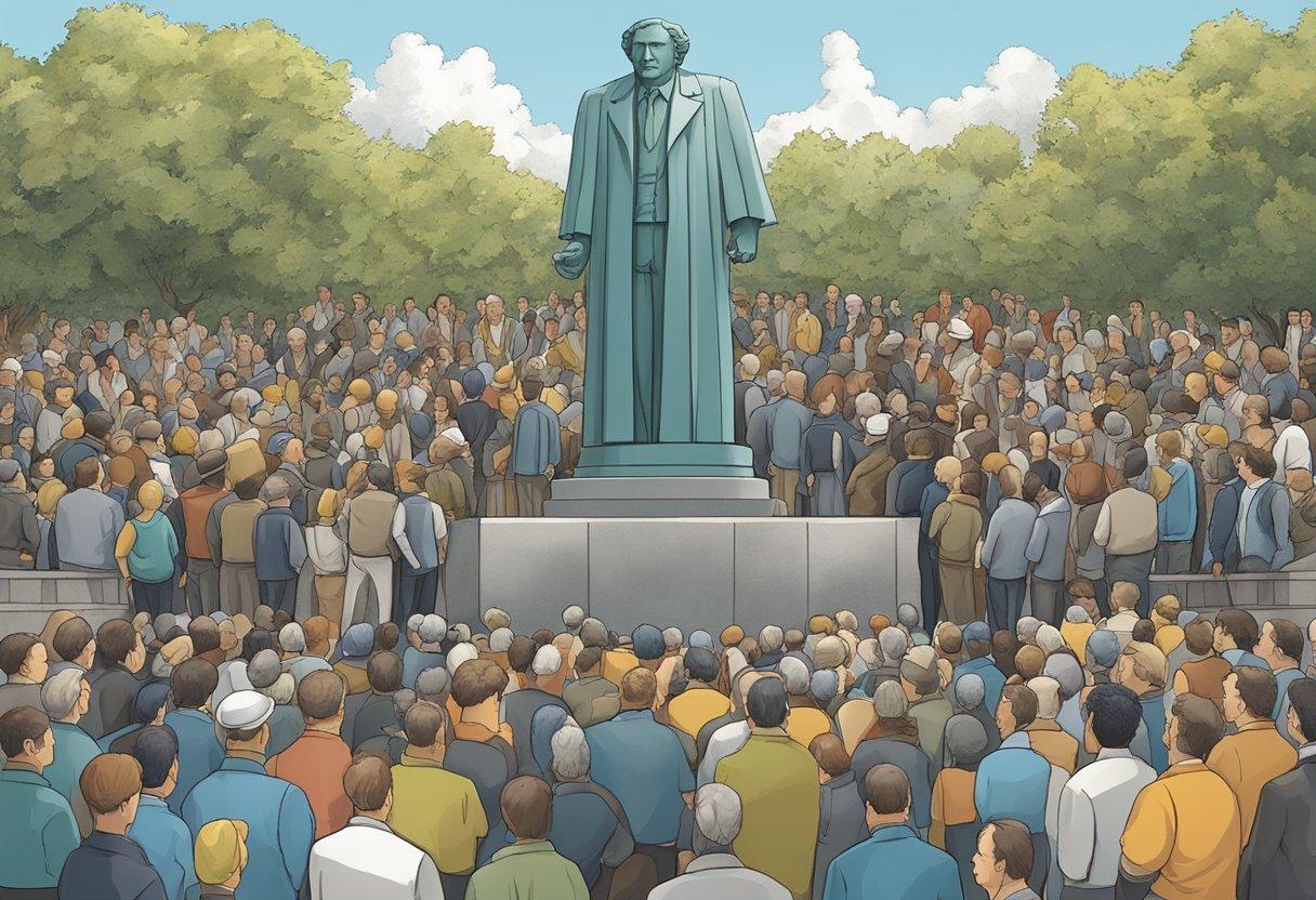 A crowd gathers around a towering statue of a famous figure, symbolizing their lasting impact on history