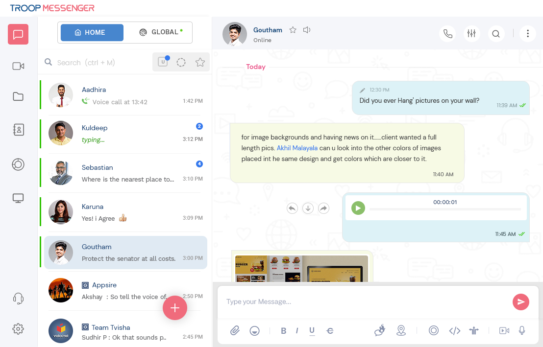 Troop Messenger offers chat, audio and video calling