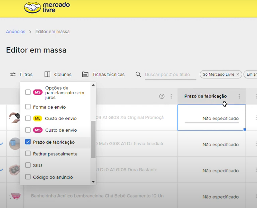 mudar o tempo de envio dos produtos alterando o campo de prazo de fabricação.