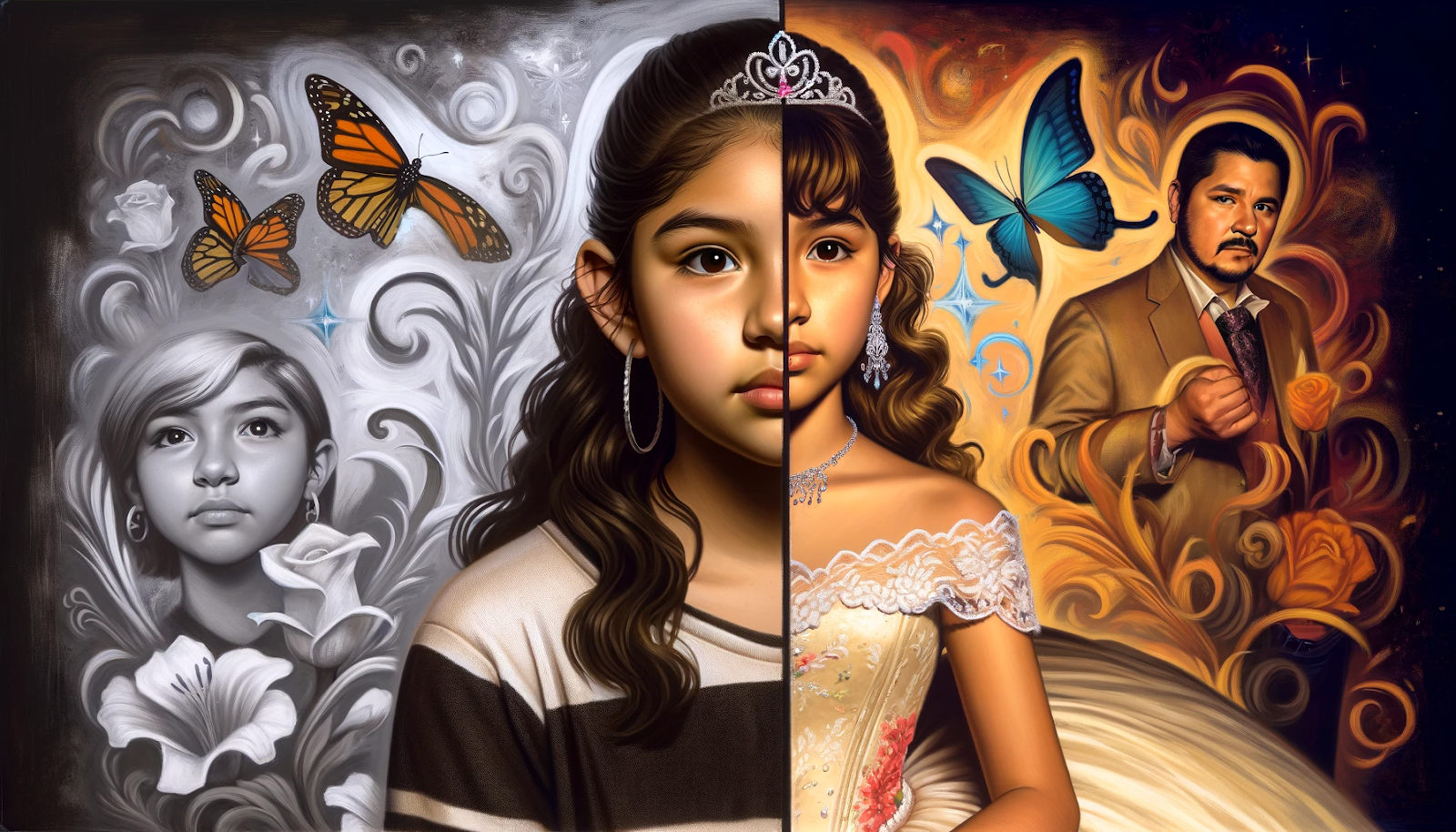 Quinceañera, an illustration of a young girl and a man in a painting