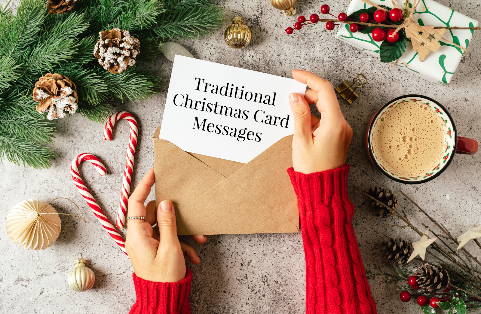 A card that says “traditional Christmas card messages” on it surrounded by Christmas decorations