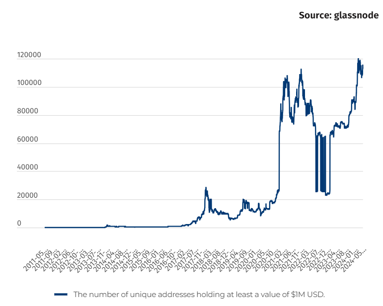 Bitcoin addresses over the years holding at least $1M