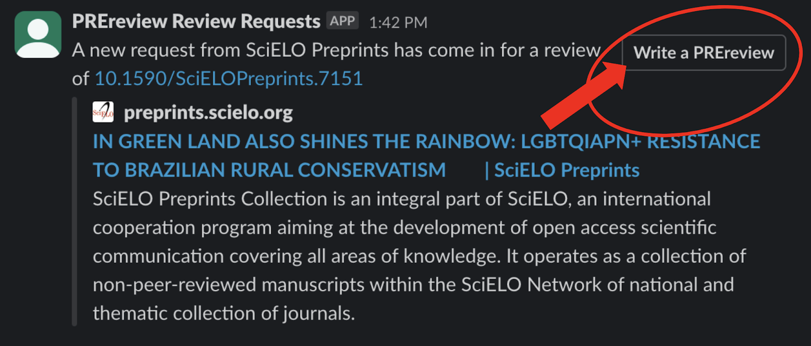 An example of a published request on the PREreview community Slack with the "Write a PREreview" button circled in red and highlighted by a red arrow