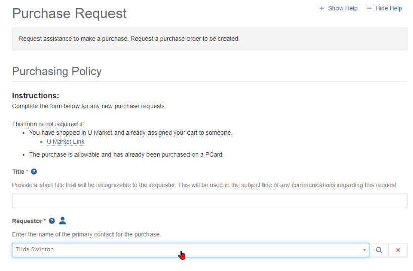 Image of Purchase Request service request in TeamDynamix highlighting the Requestor field. On this type of request, the Requestor field appears just after the Title field on the Service Request.
