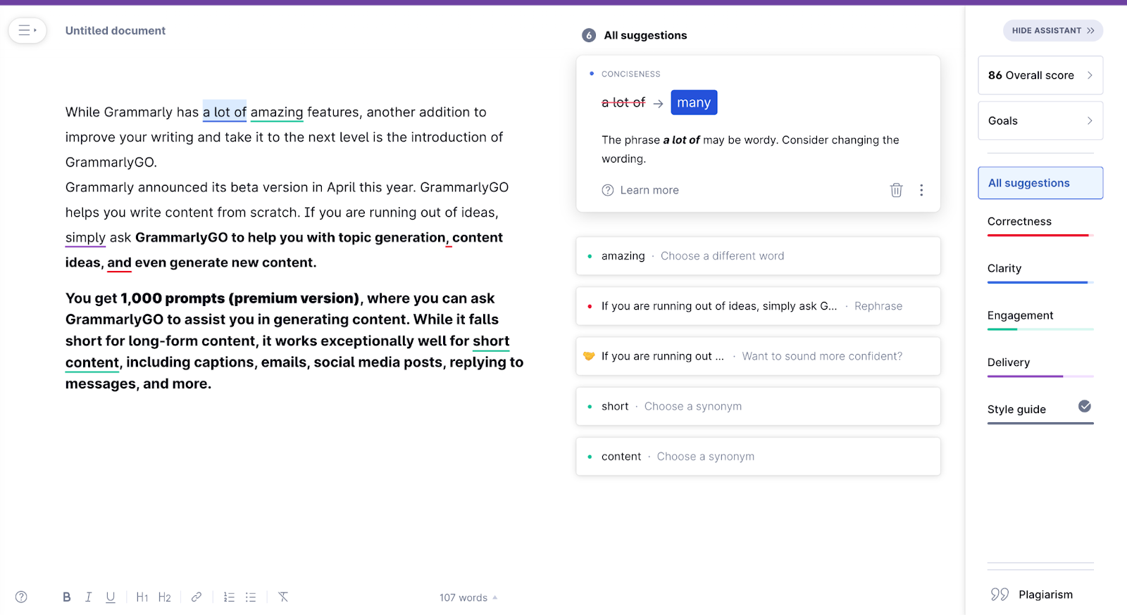 Grammarly user interface