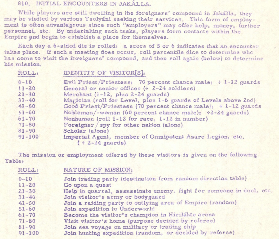 Description of Section 810: Initial Encounters in Jakalla, with a table for possible visitors and a table for possible missions.