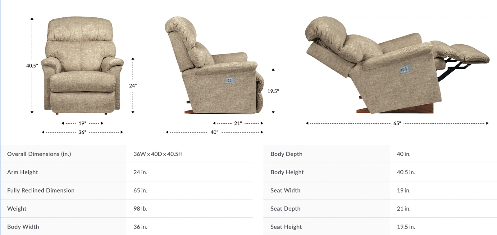 reed power rocking recliner dimensions