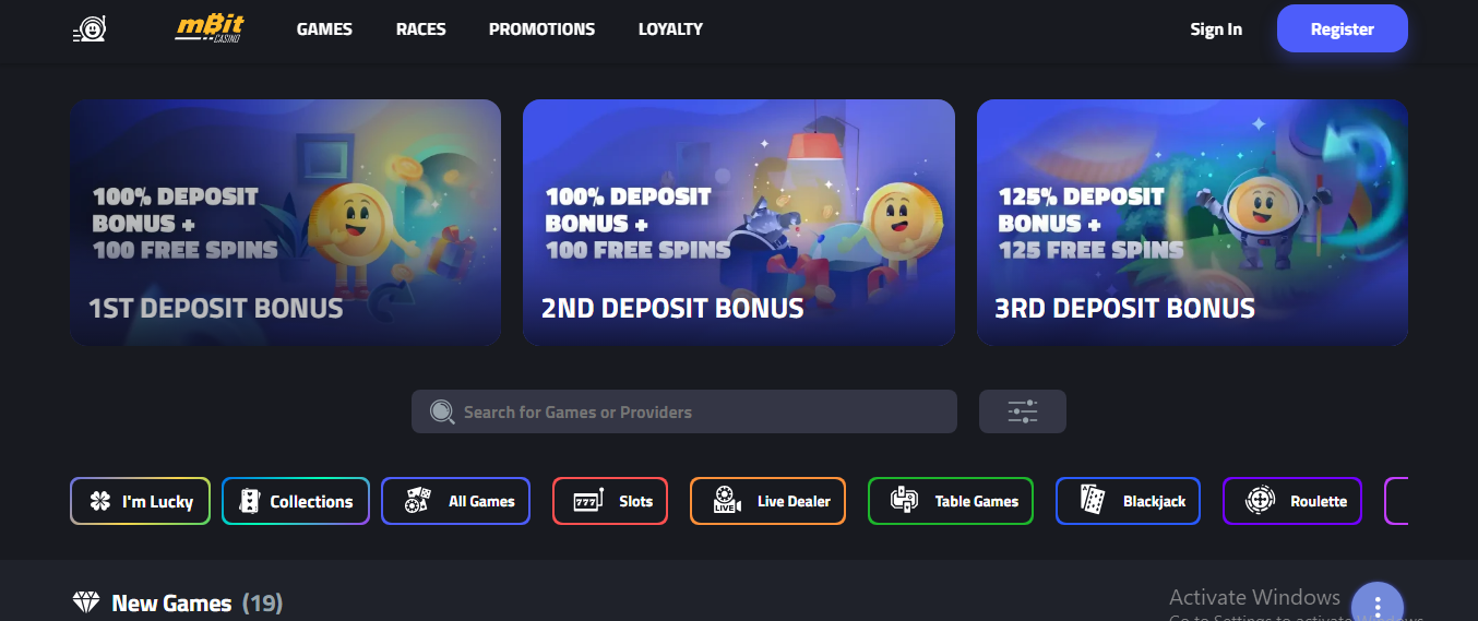 mBit casino's homepage and three deposit welcome offer