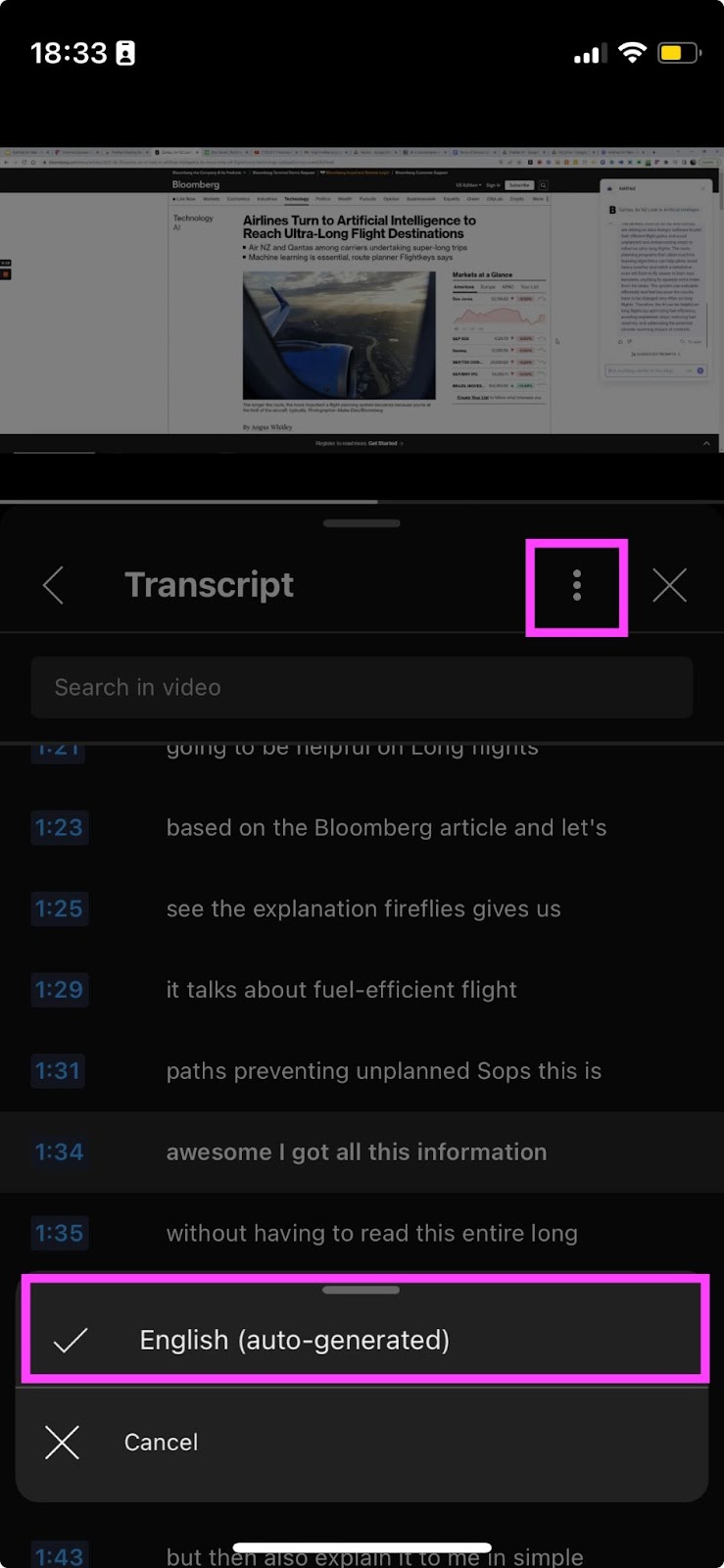 How to get a YouTube transcript of a video on mobile