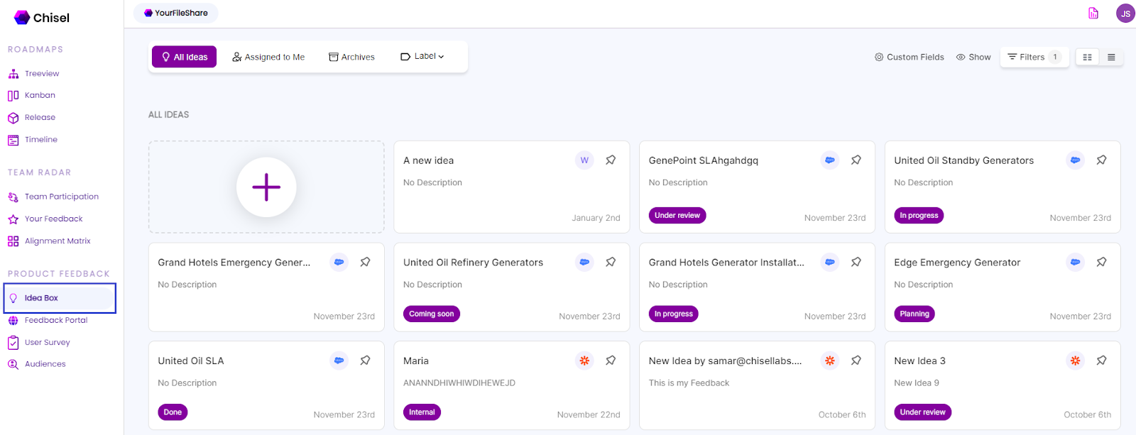 A visual representation of Chisel’s Ideabox, a platform to collect and organize ideas, product feature requests, and suggestions from customers and team members.