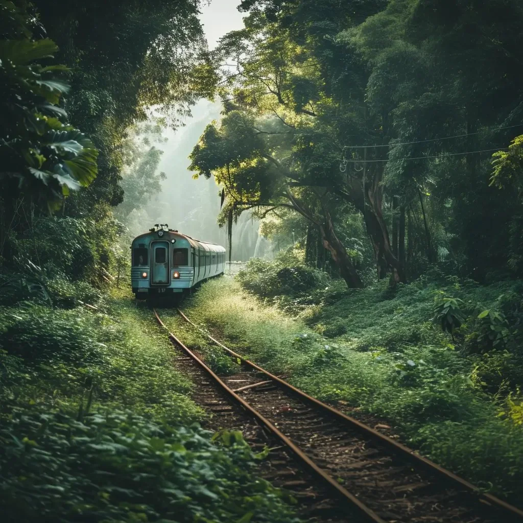 A vintage train approaching on tracks that cut through a lush, dense green forest. The scene is peaceful, with the natural environment reclaiming the space around the rails.