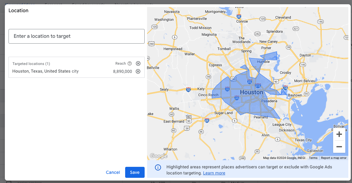A screenshot from Google's Keyword planner. This shows how to select just the location you want to target in this case it's Houston, TX 