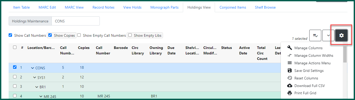 Cog wheel icon opens the angular grid options menu