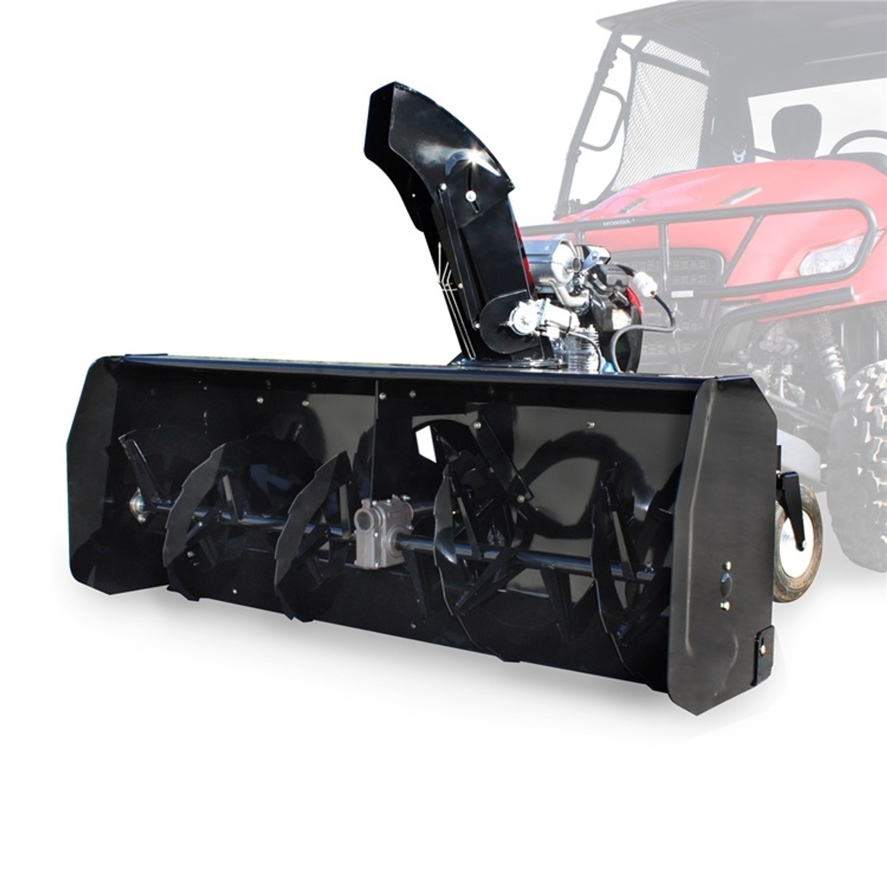 A front-oblique image of a 72-inch Bercomac snow plow, installed on an ATV against a blank background