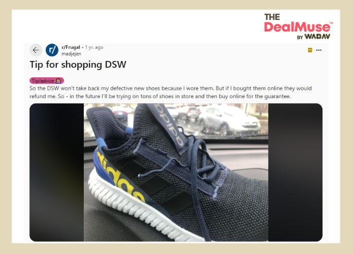 a screenshot of a tip of shopping at DSW on Reddit reviewing people about DSW shoe buying technique 