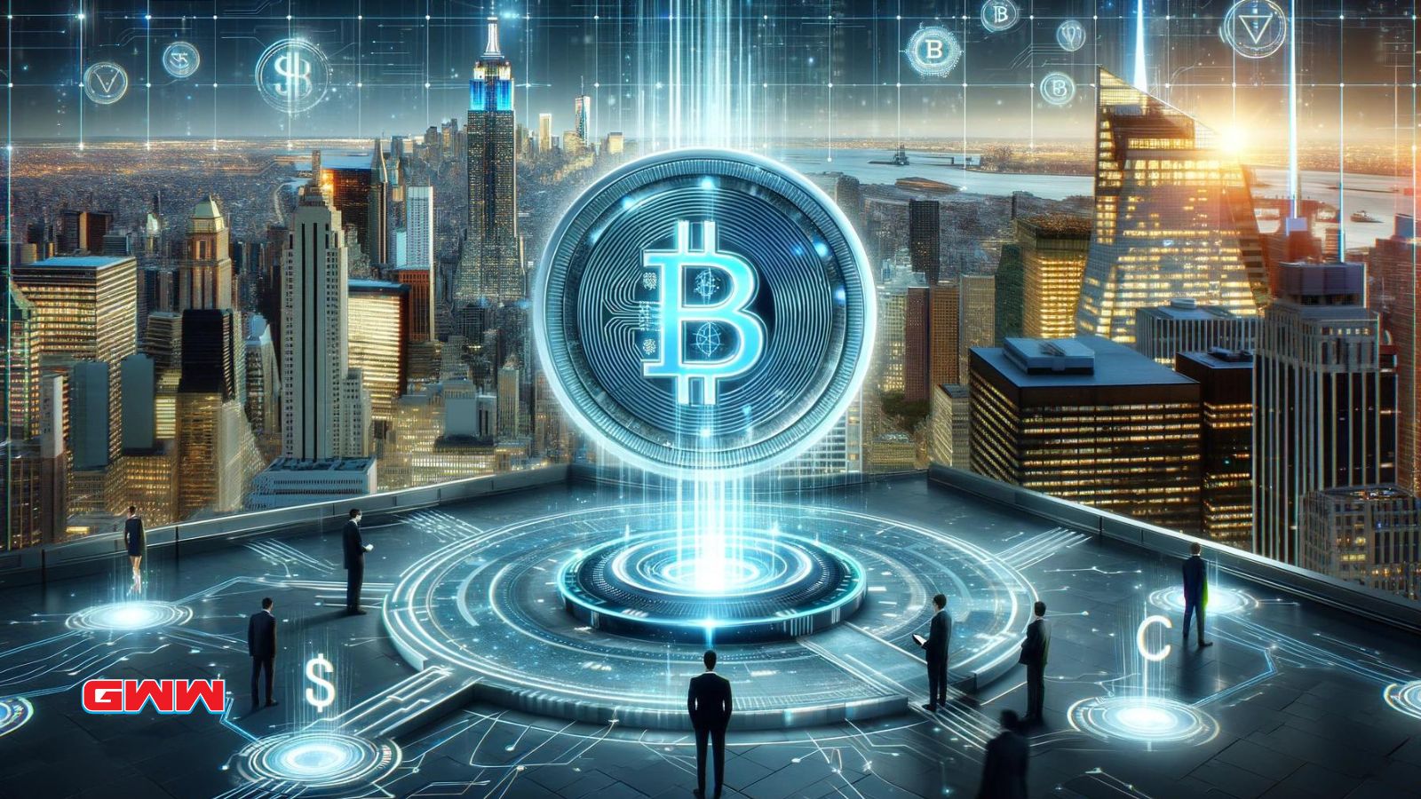 Bitcoin hologram over city, future of currency concept