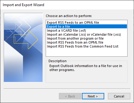 Choose ‘Export to a file’ and click Next