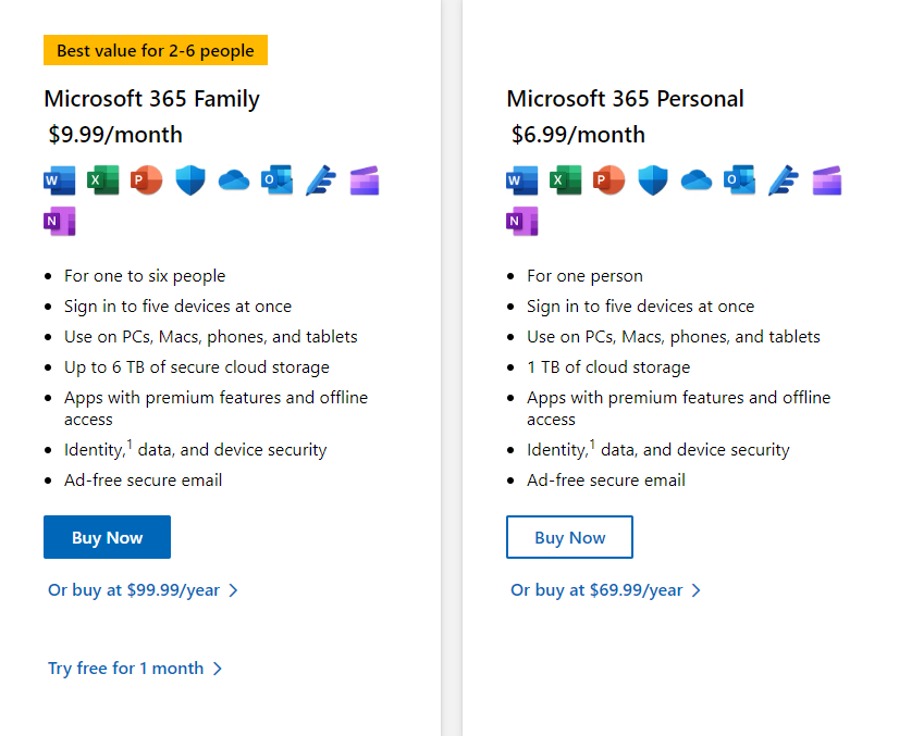 Pricing Plans for OneNote