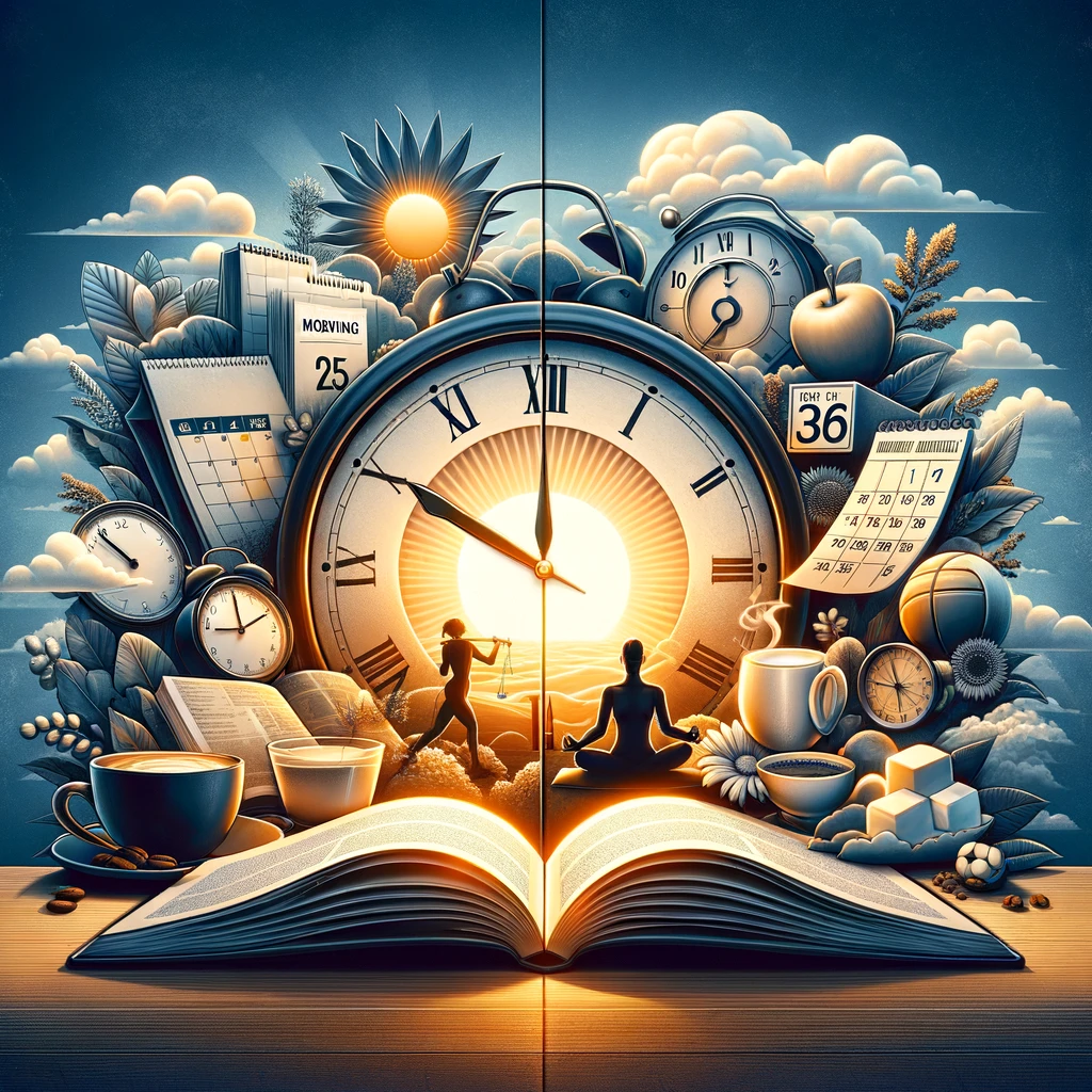 An open book with a clock, pen, and glasses on top.