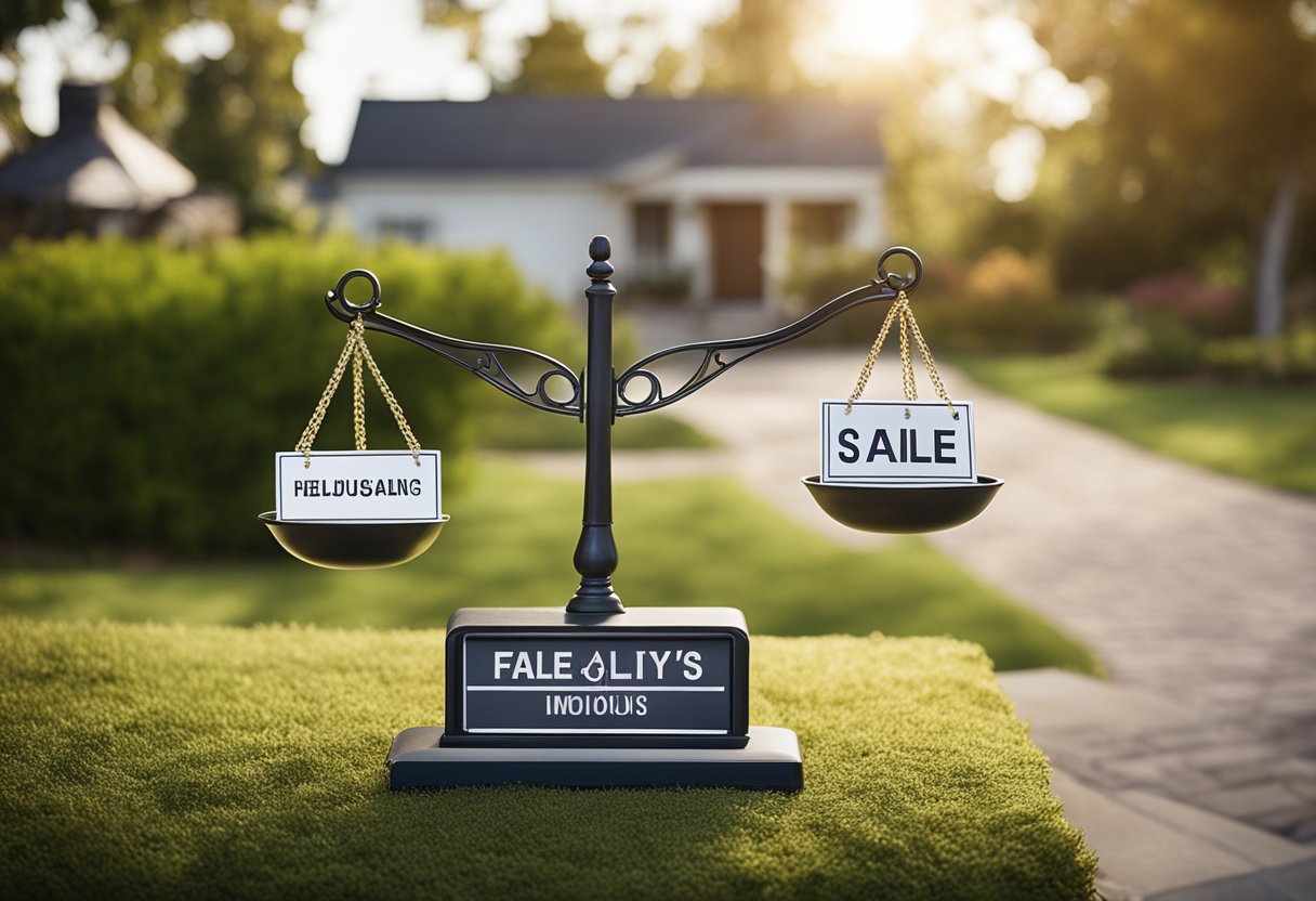 A scale balancing a house and a realtor's sign, with money bags on one side and a direct buyer's sign on the other