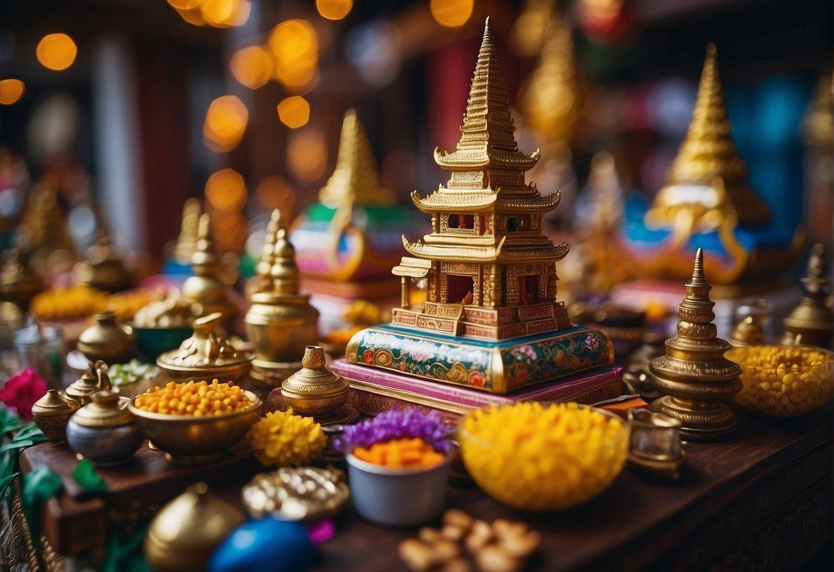 A colorful Thai spirit house surrounded by offerings and incense, with lottery tickets scattered around for good luck