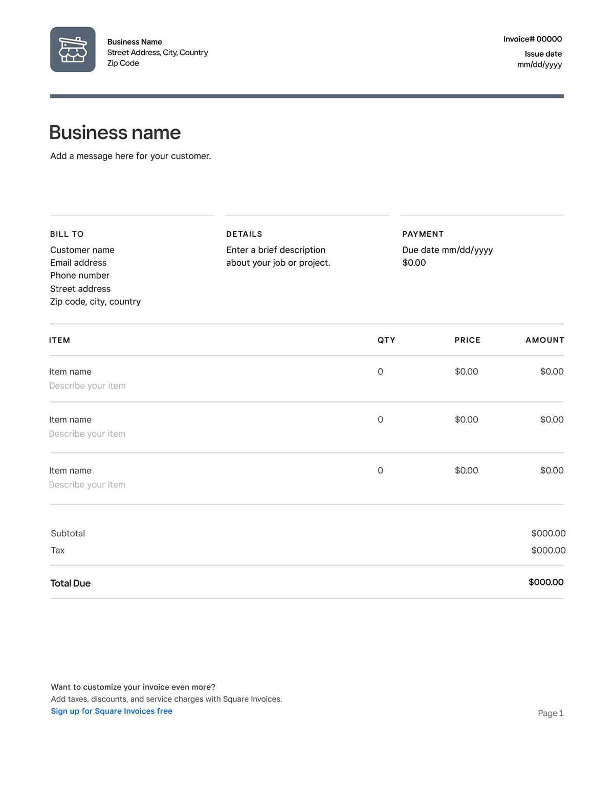 An example of Square Invoices template