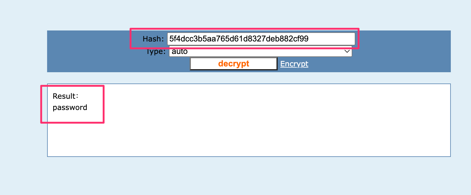 Screenshot by white oak security of MD5 decrypting the password value