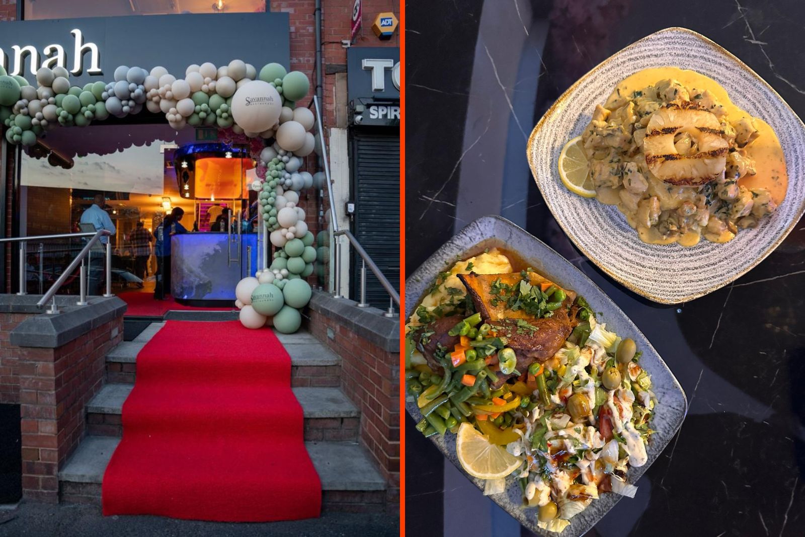 A composite of two images: on the left, the entrance to Savannah restaurant in Birmingham. On the right, two meat-based dishes.