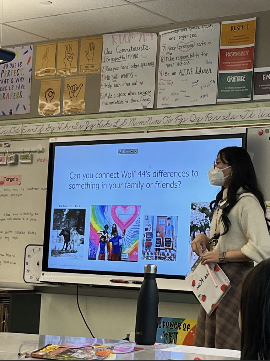 A teacher giving a presentation in an elementary school classroom. The current slide she is presenting asks: Can you connect Wolf 44's differences to something in your family or friends? 