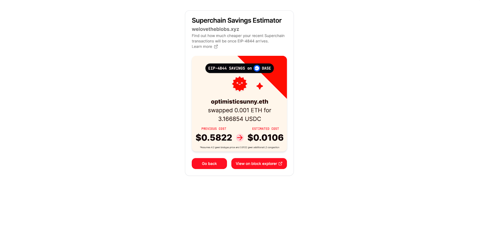 A screenshot from Superchain Savings Estimator showing the gas fees to swap on Uniswap reduced from $0.58 to $0.01