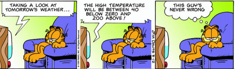 Garfield cartoon showing that with a large margin of error it is easy to make an accurate prediction