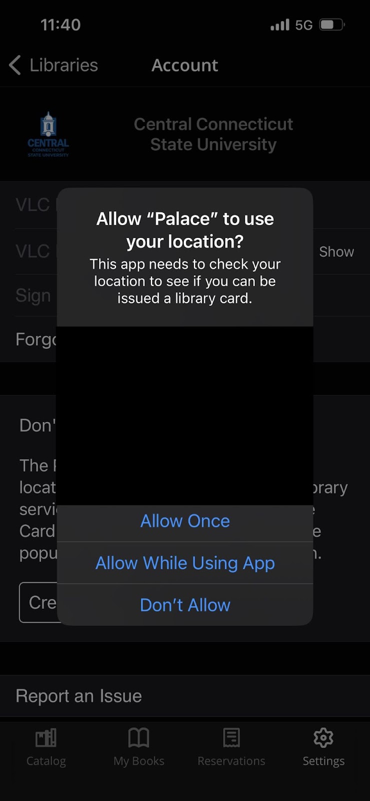 An image of a smartphone prompt asking the user whether they will allow the Palace app to use their location.