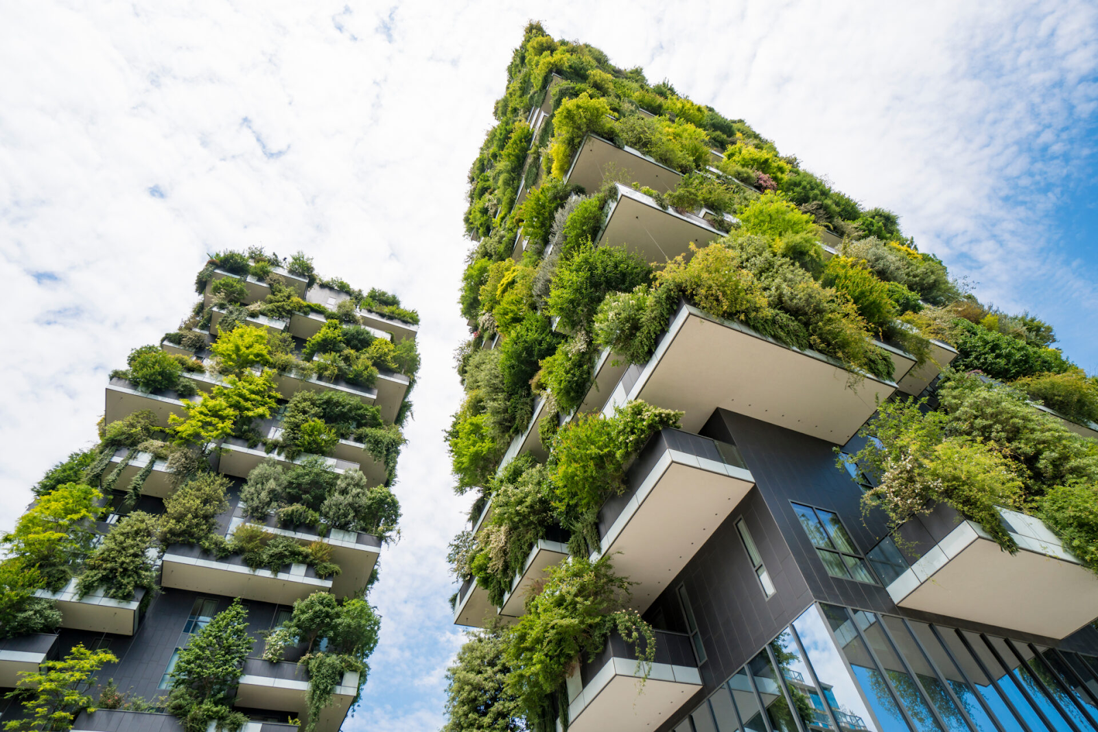 Sustainable green buildings with lush plants 