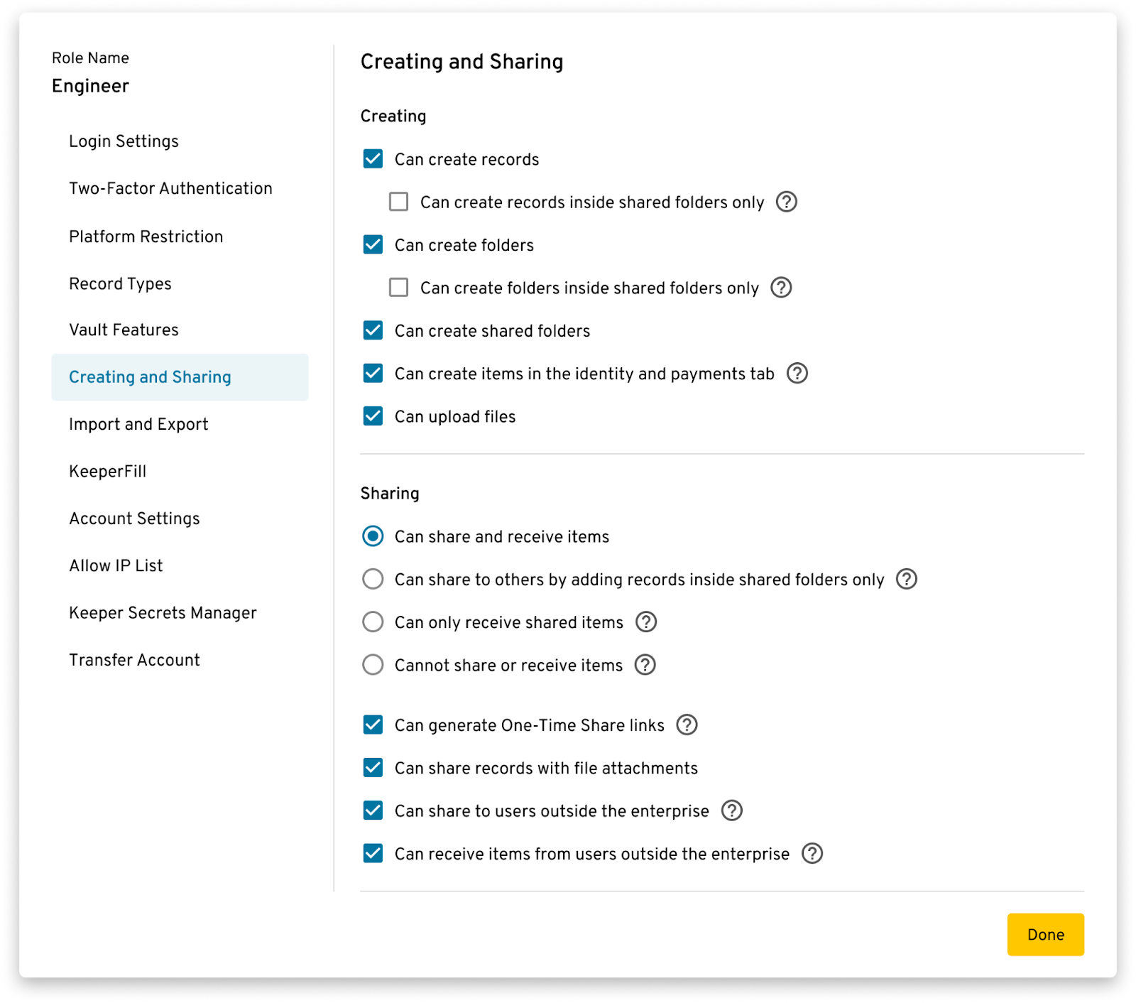 Imagen de Keeper Password Manager que muestra cómo los administradores pueden habilitar sus restricciones preferidas.