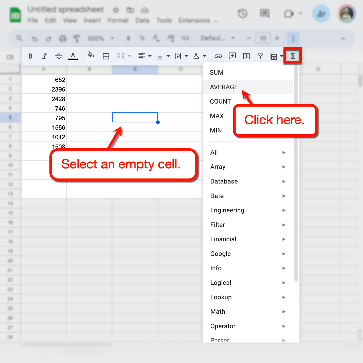 Google Sheets average function